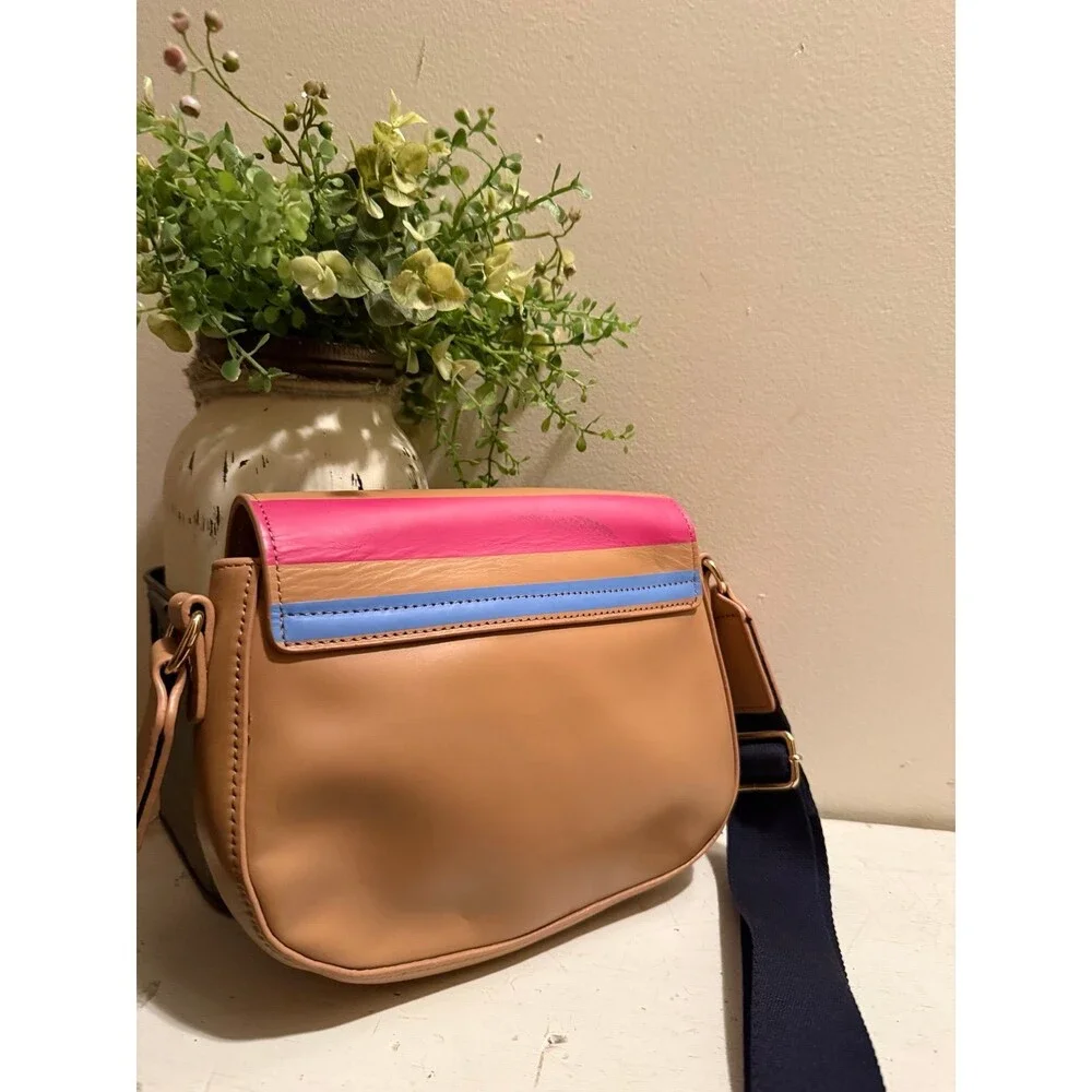 Tommy Hilfiger Genuine, Leather Stripped Saddle Crossbody Bag EUC